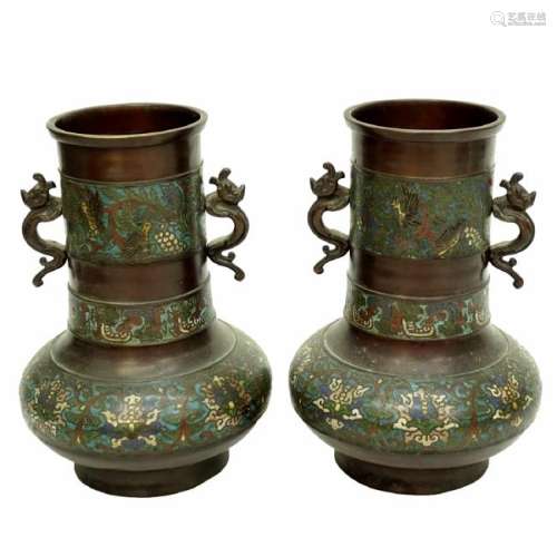 Pair of Japanese Bronze Champleve Enamel Vases