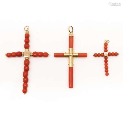 A Lot of 3 Red Coral Cross Pendants