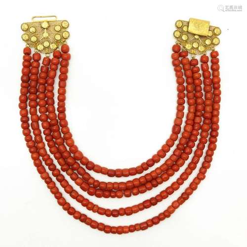 A 19th Century 5 Strand Red Coral Necklace 14KG Clasp