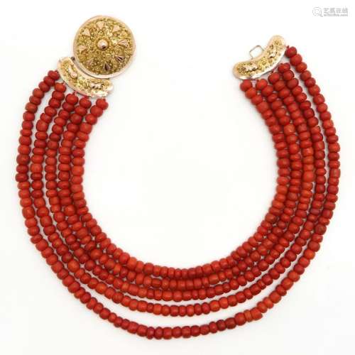 A 19th Century 5 Strand Red Coral Necklace 14KG Clasp