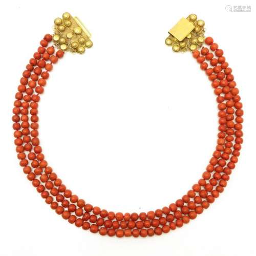 19th Century 3 Strand Red Coral Necklace on 14KG Clasp