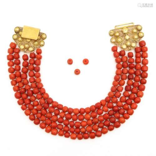 A 19th Century 5 Strand Red Coral Necklace on Gold Clas