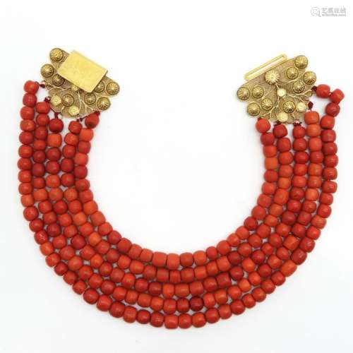 A 19th Century 5 Strand Red Coral Necklace 14KG Clasp