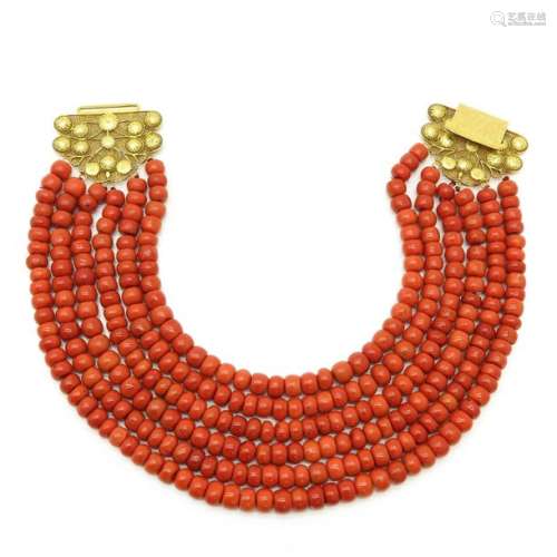 A 19th Century 6 Strand Red Coral Necklace 14KG Clasp