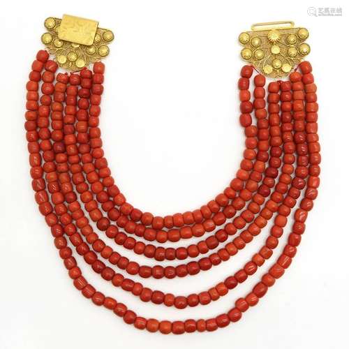 A 6 Strand 19th Century Red Coral Necklace 18KG Clasp