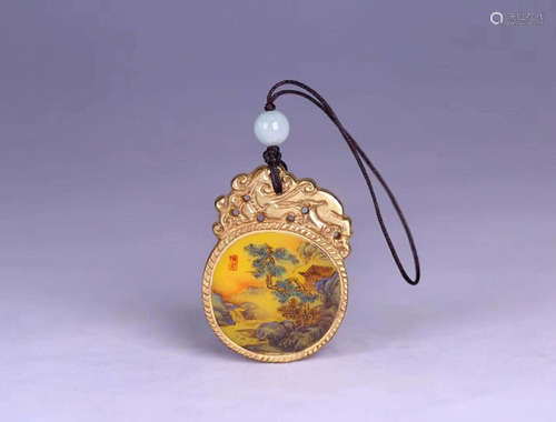 AN OLD GLASS ENAMLED DECORATED PENDANT