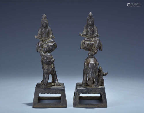 PAIR OF COPPER MANJUSRI AND FUGEN BUDDHA STATUE