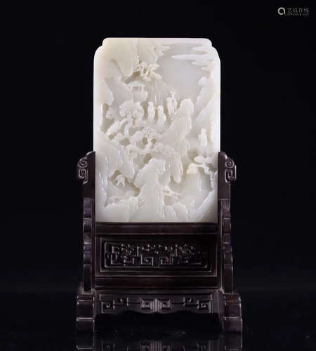 A HETIAN JADE SCREEN WITH WOOD HOLDER