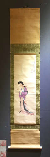 A LADY PAINTING HANGING SCROLL