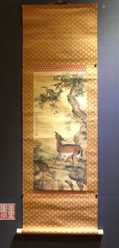 A DEER AND MONKEY PAINTING HANGING SCROLL