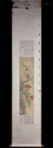A FLORAL PAINTING HANGING SCROLL
