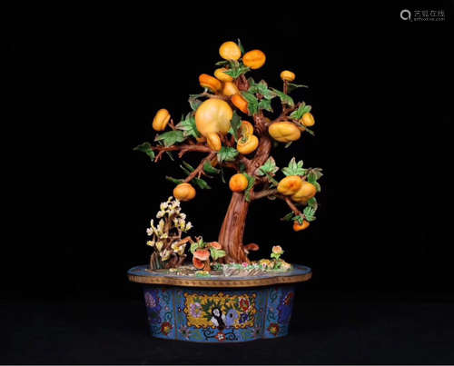 A CLOISONNE POT AND PERSIMMON TREE BONSAI