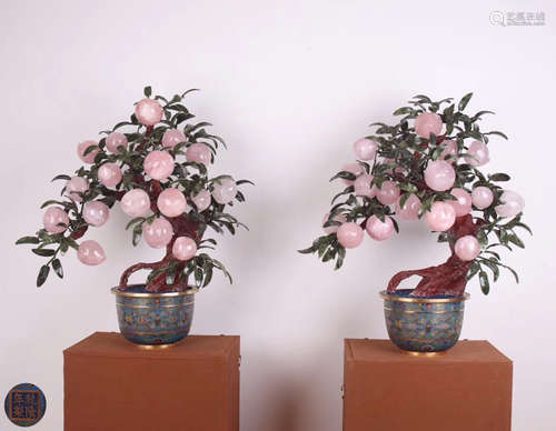 PAIR CLOISONNE POT AND CRYSTAL PEACH TREE BONSAI