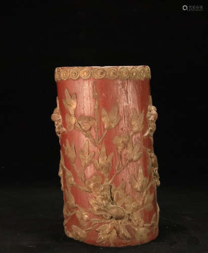 A BAMBOO WOOD CARVED FLORAL PATTERN BRUSH POT