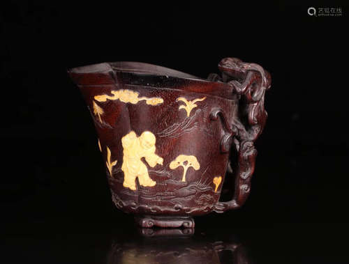 A ZITAN WOOD CARVED CHI-DRAGON-EAR CUP