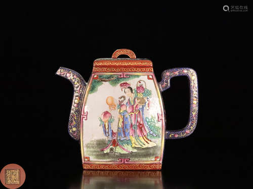 A ZISHA TEAPOT WITH ENAMELED SHOU-IMMORTAL PATTERN