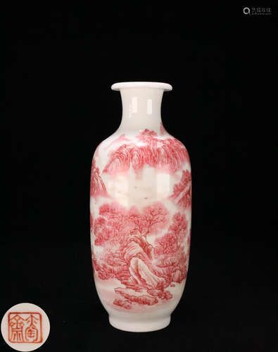 A RED GLAZE LANDSCAPE PATTERN EVERTED-MOUTH VASE