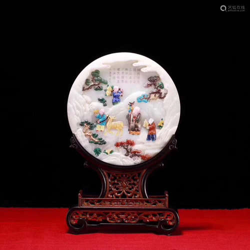 A SOAPSTONE ROUND SCREEN WITH ZITAN WOOD HOLDER