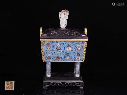 A CLOISONNE DOUBLE-EAR FOUR FEET CENSER