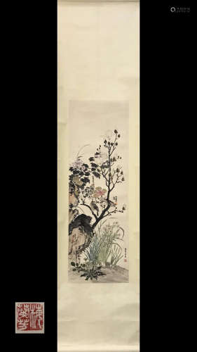 A FLORAL PAINTING HANGING SCROLL