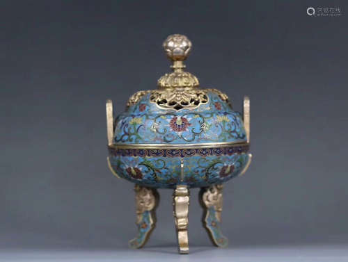 A FLORAL CLOISONNE TRIPOD CENSER