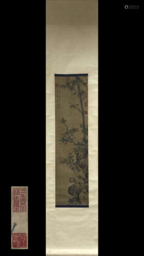 A FLORAL AND BIRDS PAINTING SCROLL