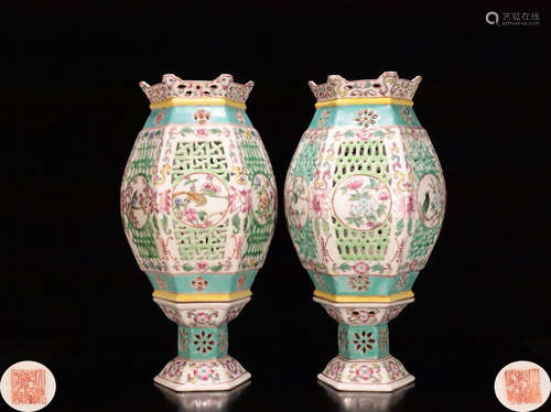 PAIR FAMILLE-ROSE HOLLOW FLORAL DESIGN VASES