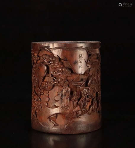 A OLD BAMBOO CARVED BRUSH POT