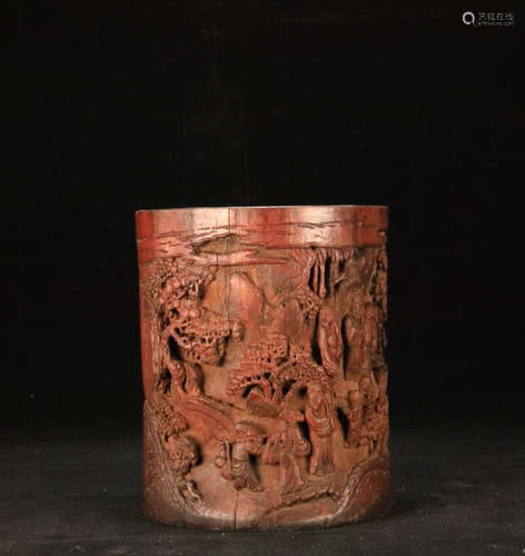 A BAMBOO WOOD CARVED FIGURE DESIGN BRUSH POT