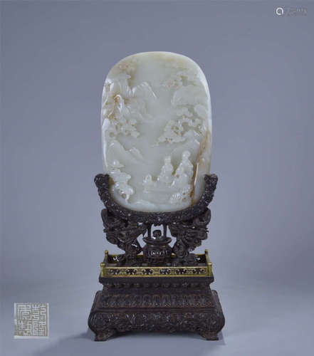 A HETIAN JADE LANDSCAPE DESIGN WITH WOOD HOLDER