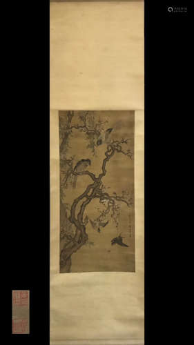 A FLORAL AND BIRD PAINTING HANGING SCROLL