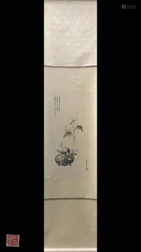 A FLORAL AND VASE PAINTING HANGING SCROLL