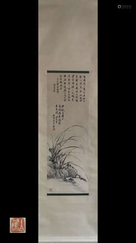 AN INK COLOR FLORAL PAINTING SCROLL