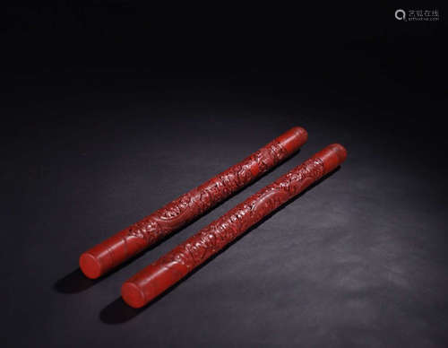 PAIR OF RED LACQUER DRAGON PATTERN INCENSE TUBES