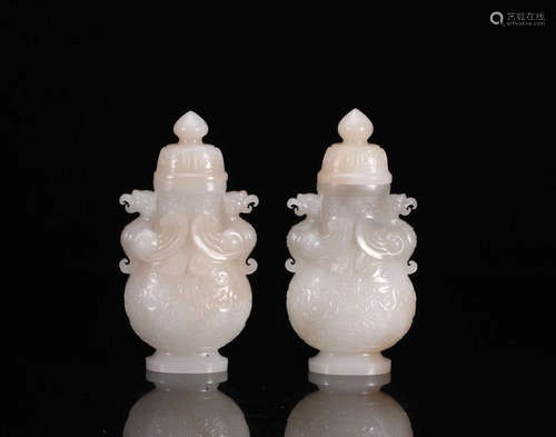 PAIR OF HETIAN JADE DOUBLE PHOENIX EATS VASES