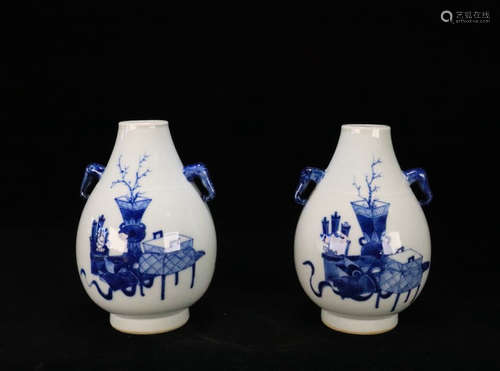 PAIR BLUE AND WHITE DOUBLE-EAR ZUN VASES