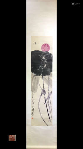 A LOTUS PAINTING HANGING SCROLL