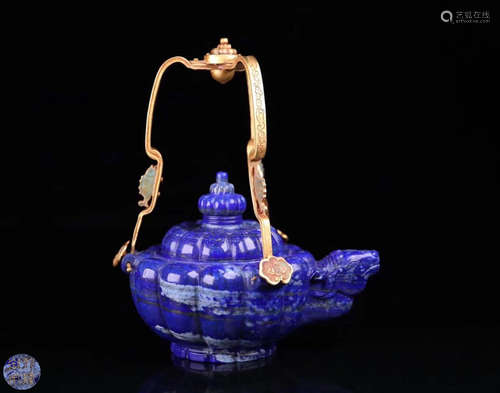 A LAPIS LAZULI PUMKIN-SHAPED HANDLE POT