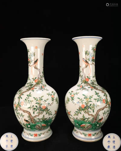 PAIR FAMILLE-ROSE FLOWER TREE PATTERN BOTTLE VASES