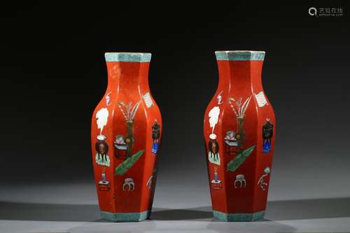 A PAIR OF CORAL RED 'BOGU' HEXAGONAL VASES