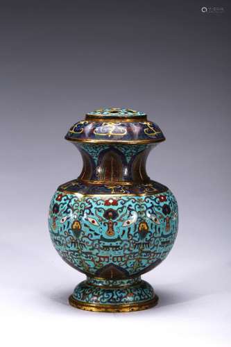 A CLOISONNE ENAMEL 'TAOTIE' FLOWER RECEPTACLE VASE