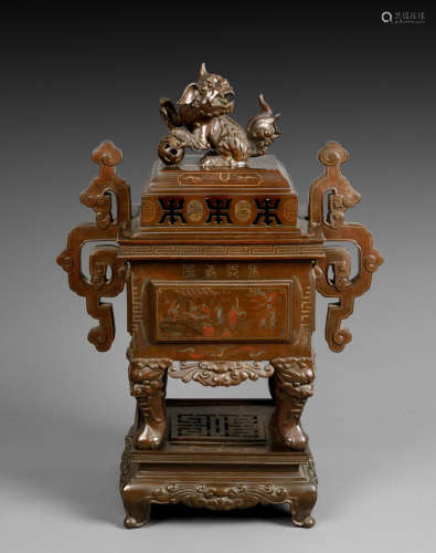 A VERY LARGE BRONZE SILVER INLAID 'STORY SCENE' CENSER WITH STAND