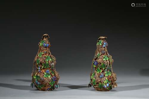 A PAIR OF SILVER GILT ENAMEL FILIGREE DOUBLE GOURD VASES