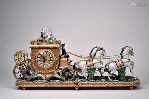 A LARGE DRESDEN PORCELAIN 'COACH' CLOCK