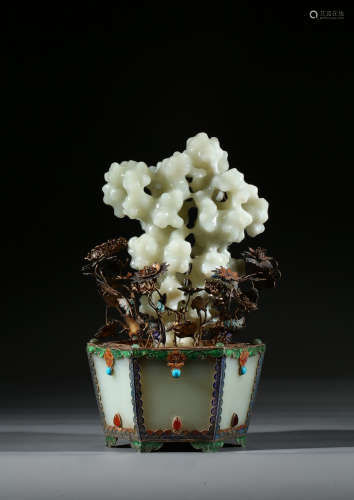 A WHITE JADE JARDINIERE WITH JADE FLOWERS AND COPPER FLOWERS