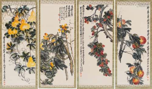 WU CHANGSHUO: SET OF FOUR COLOR AND INK ON PAPER PAINTINGS