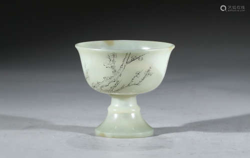 A JADE 'LOTUS AND INSCRIPTION' STEM CUP