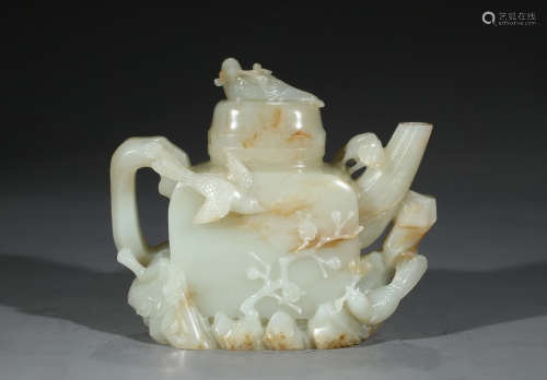 A WHITE JADE 'PLUM BLOSSOM AND MAGPIE' TEAPOT