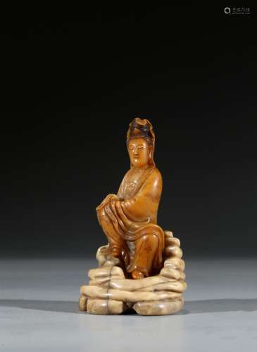 A SHOUSHAN STONE CARVED FIGURE OF GUANYIN