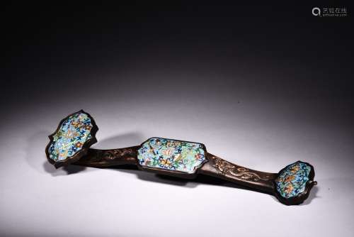 A HUANGHUALI WOOD RUYI SCEPTER INSET WITH CLOISONNE ENAMEL